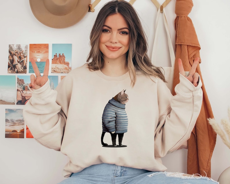 Fat Gray Cat in Crewneck Sweatshirt