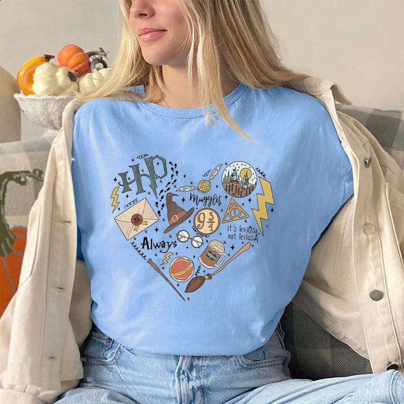 Hogwarts School Print Round Neck Casual T-shirt